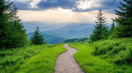 Obraz premium A scenic mountain path winds through lush greenery, leading to distant peaks under a dramatic sky, This tranquil nature setting is ideal for travel blogs, outdoor adventure promotions