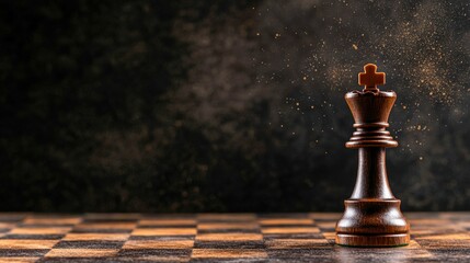 A close-up of a wooden king chess piece on a checkered board, surrounded by a mist of shimmering particles, This image symbolizes strategy and triumph