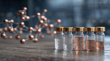 Glass Vials with Metallic and Transparent Particles on Wooden Surface with Molecular Structure in Modern Pharmaceutical Background