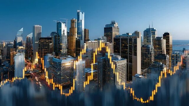 Cityscape Stock Market: A vibrant cityscape skyline at twilight, overlaid with dynamic stock market graph, symbolizing economic growth and urban development. - Powered by Adobe