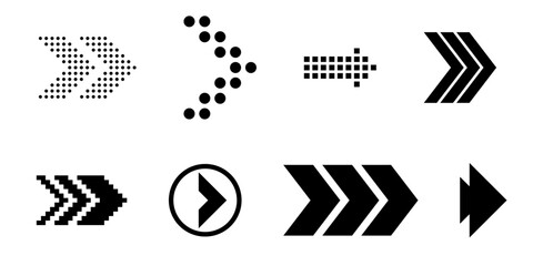 Modern swipe arrows icon set with line and pixel symbols for scrolling next slide navigation with finger and hand gestures vector arrows pointing in all directions