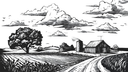 Fototapeta premium Rustic Vintage Farm Landscape Woodcut Engraving Linocut Illustration