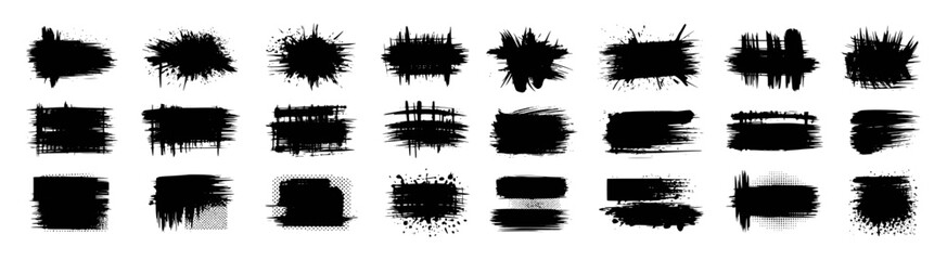 Collection of black grunge brush strokes and splatter elements on white background