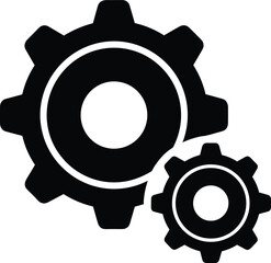 Black gear silhouette illustration, mechanical components vector, industrial cogwheel pair, torque transmission concept, engineering symbol, machinery parts graphic, precision motion design
