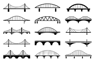 Collection of various bridge silhouettes vector illustrations for design and architectural concepts