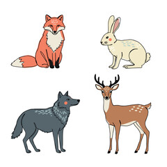 Fox, deer, hare, and wolf illustrations with a playful mood on a white background