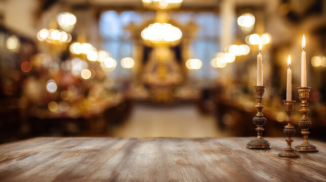 Wooden Table with Blurred Simchat Torah Background with Lit Candles and Festive Decor