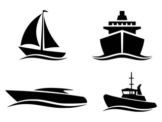 Vector illustrations of various sailing vessels and maritime transportation in black and white