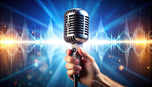 Hand holding vintage microphone, sound waves