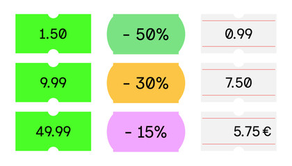 Discount Price Tags Vector Set – Colorful Sale Labels with Percentages and Special Offer Texts