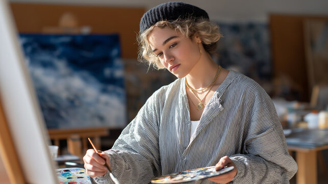 Senior Painting in Community Art Class with Vibrant Palette and Beren