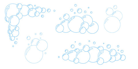 Fototapeta premium Vector doodle soap bubbles outline set. Hand drawn water bubbles with sparkle reflections. Blue soda bubble sketch collection isolated on white. Clean design for kids, bath, detergent themes.