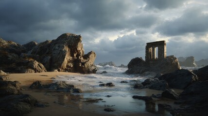 Stormy ocean scene with dramatic clouds and rocks. Neural network AI generated