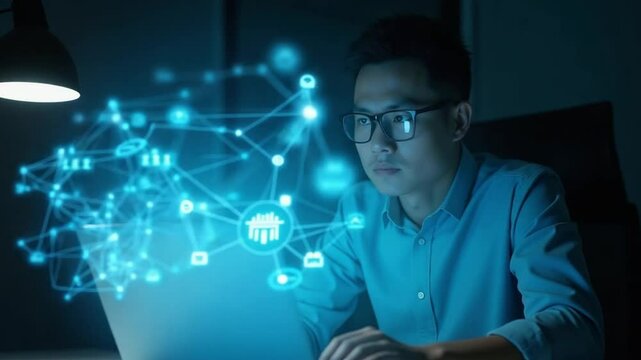 Man Analyzing Financial Data Network in Dark Office