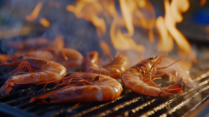 Grilled shrimp sizzling on barbecue, surrounded by flames and smoke, creating delicious and appetizing scene