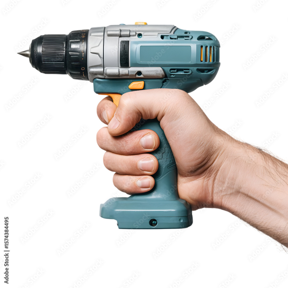 Poster close-up of a hand gripping a power drill, showcasing its design and functionality against a plain b