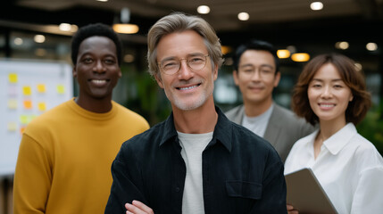 Agile Scrum Team Huddle Around Kanban Board in Modern Office