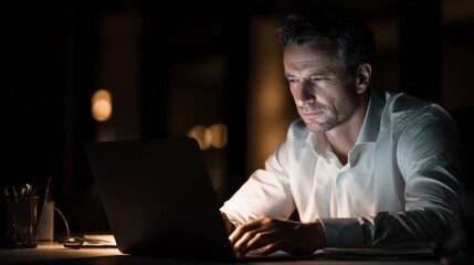 Focused business professional working late at night on laptop office environment intense concentration