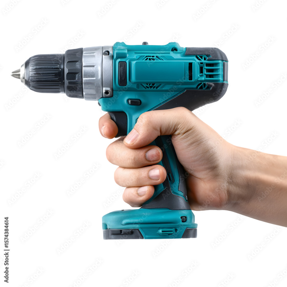 Poster hand holding a cordless drill, showcasing its design and functionality in a workshop setting