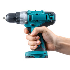 Hand holding a cordless drill, showcasing its design and functionality in a workshop setting