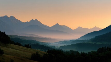 Fototapeta premium Serene sunset view over mountain range nature landscape tranquil environment panoramic perspective