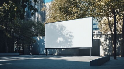 Urban outdoor blank billboard in city park surrounded by trees and modern buildings