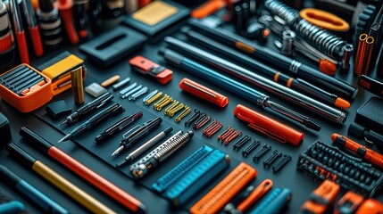 Assorted tools and writing instruments arranged on a dark surface