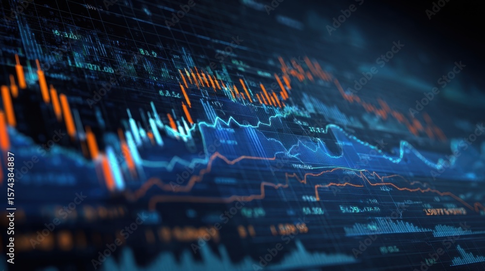 Poster a modern financial analysis platform exhibiting an array of bluehued stock market data visuals inclu