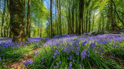Fototapeta premium Lush forest floor blanketed in vibrant bluebells