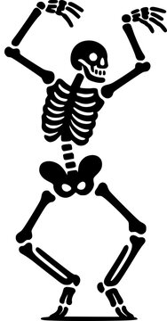 Black and white doodle illustration of a dancing skeleton in fun halloween theme great for kids party printables