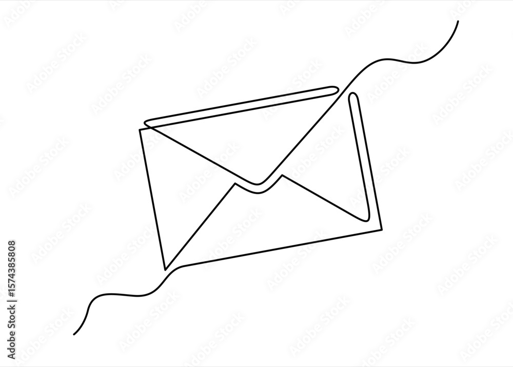 Poster continuous line drawing of open envelope with a letter. continuous line drawing of open envelope wit