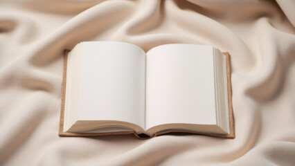 Open Blank Book on Beige Fabric, Perfect for Mockups and Customization