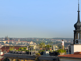 Lush rooftop garden with a panoramic view of Prague Castle and Old Town rooftops at sunrise. Ideal for: sustainable living, urban gardening, tourism, European architecture, and editorial use. 