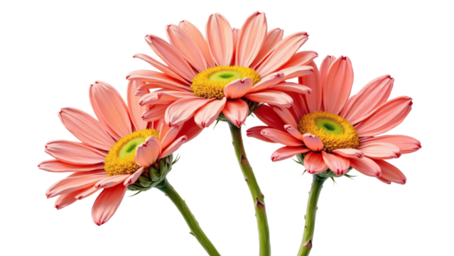 Isolated trio of pink impasto daisies with vivid yellow centers and red shadow tones — textured floral art for modern design