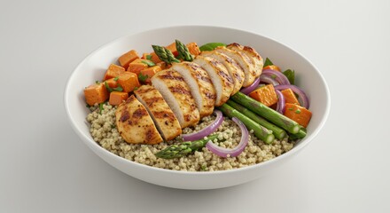 Grilled Chicken Breast with Quinoa and Vegetable Salad in White Bowl
