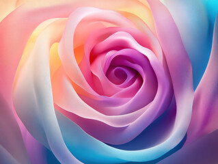 Close up of vibrant, multicolored rose with petals shades of pink, blue, and orange, creating dreamy and artistic effect. soft gradient and delicate texture evoke sense of tranquility and beauty