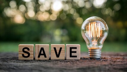 Illuminate your savings with a bright idea represented by a glowing light bulb and the word SAVE on wooden blocks, promoting energy conservation and financial wisdom.