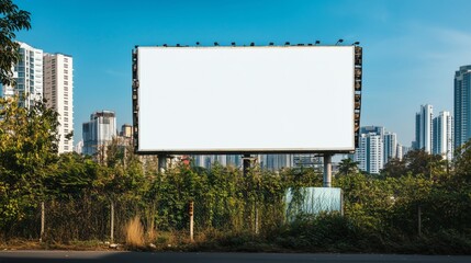 Blank urban billboard against city skyline with greenery and tall buildings