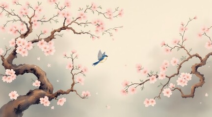 Naklejka premium Pink Japanese cherry blossom flowers bloom on a tree branch, creating a beautiful spring floral design