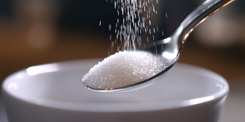 Close up view of sugar being poured from spoon into bowl, creating delicate cascade of granules that evokes sense of sweetness and culinary