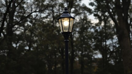 Glowing streetlamp amidst trees and a dark, slightly bright sky in the distance