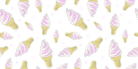 seamless pattern with ice cream in a waffle cup on a white background