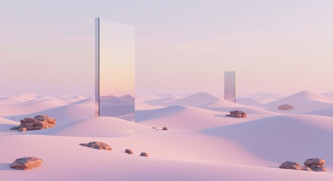 Two futuristic mirror-like panels standing in a surreal desert landscape with soft sand dunes and rocky formations, pastel sky, minimal and sci-fi atmosphere, conceptual digital art. - Powered by Adobe