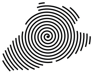 Symbol Map of the Province Imperia (Italy) showing the territory with a black spiral line