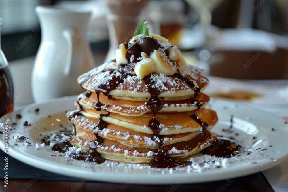 Poster pancakes dripping with chocolate and banana slices, topped with powdered sugar, create a tempting br