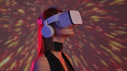 Woman Engaging with Virtual Reality Headset and Abstract Background