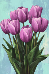 Purple tulips with lush green leaves are beautifully illustrated against textured blue background, creating vibrant and fresh floral composition