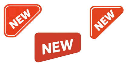 Three red new tags in different shapes on a white background in a flat design