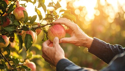Hands picking apples from tree