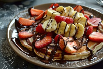 Pancakes are garnished with sliced bananas, strawberries, raspberries and drizzled with chocolate sauce